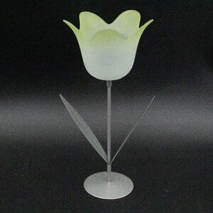 VTG Green Frosted Glass Tulip Flower Metal Stem Stand Votive Candle Holder Decor